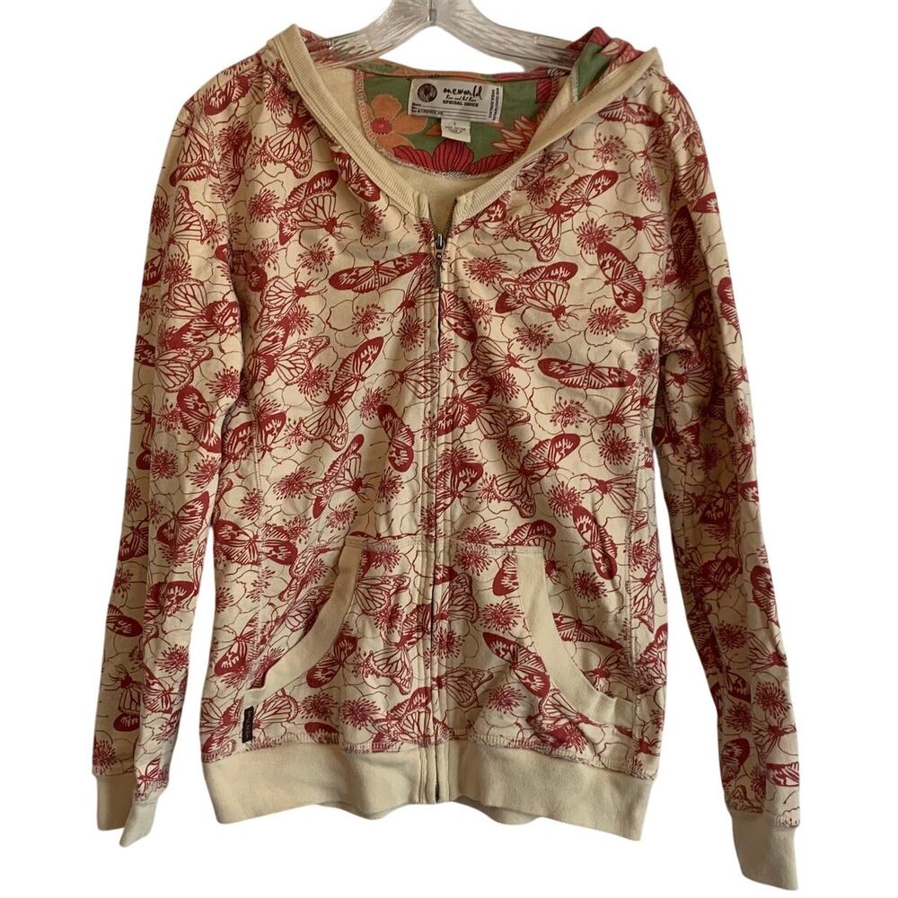 One World Womens Sz Large Full Zip Hoodie Cotton Long Sleeve Butterflies Moths